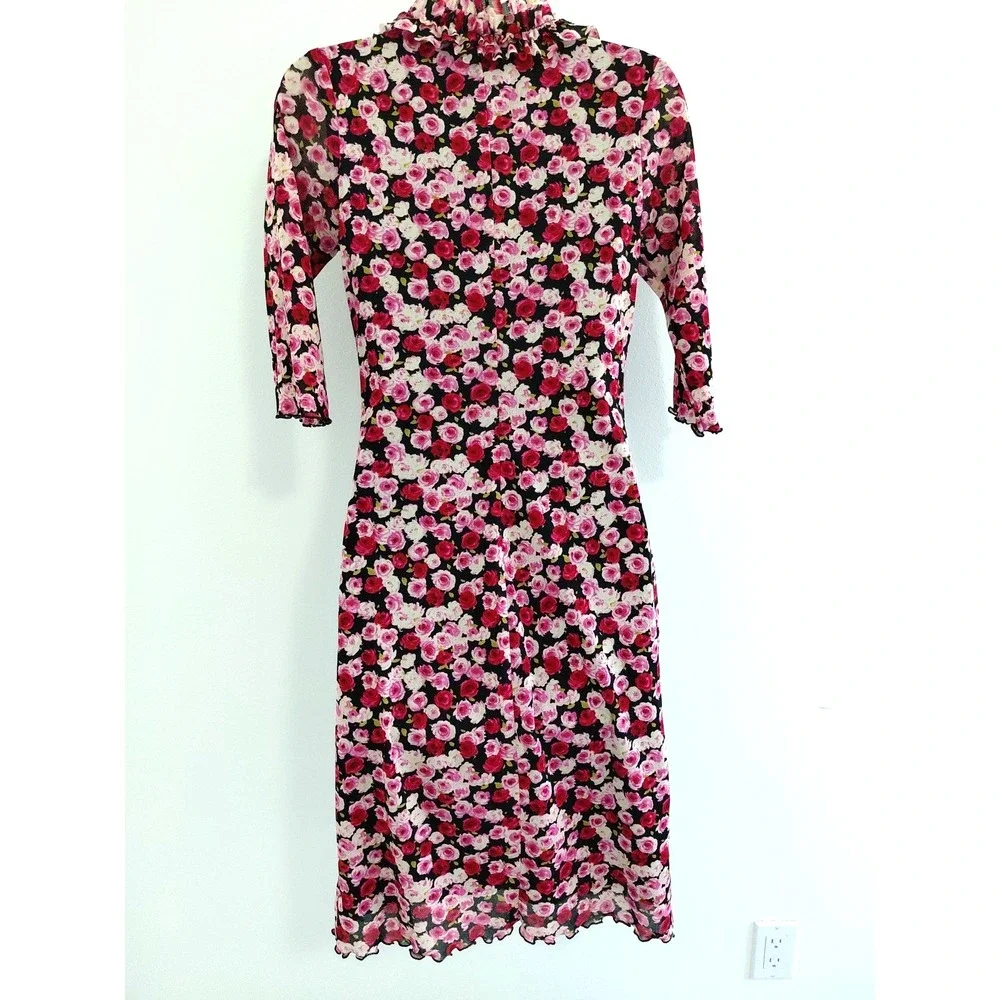 VTG Y2K 90s Zinc Mesh Dress XS/S Pink Red Floral Fairy Romantic Stretch Ruffle‎ - Picture 5 of 13